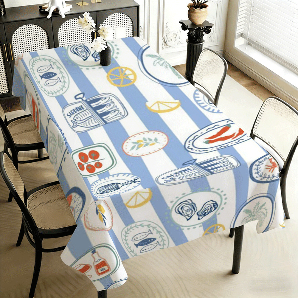 Kitchen Appliances White - ผ้าปูโต๊ะสี่เหลี่ยมลายทางสีฟ้าขาวสำหรับตกแต่งโต๊ะ ล้างทำความสะอาดได้ ลายผลไม้เลมอน ผ้าปูโต๊ะสำหรับห้องครัวและโต๊ะรับประทานอาหารสำหรับงานปาร์ตี้