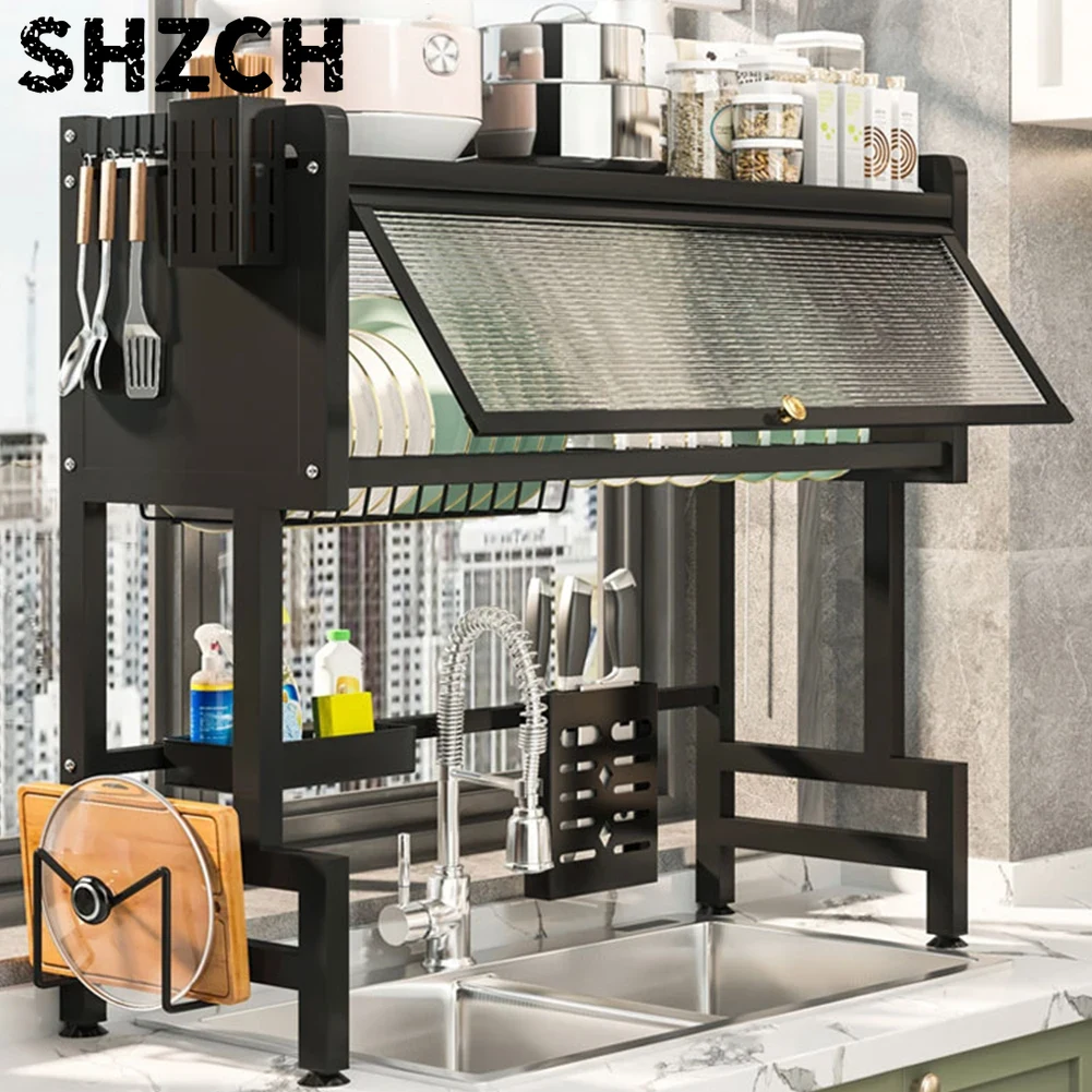 Kitchen Appliances Large - ตู้เก็บของในครัวแบบเหล็กเหนืออ่างล้างจาน ชั้นวางจาน 3 ชั้น พร้อมที่วางแก้วและภาชนะอื่นๆ ขนาดใหญ่