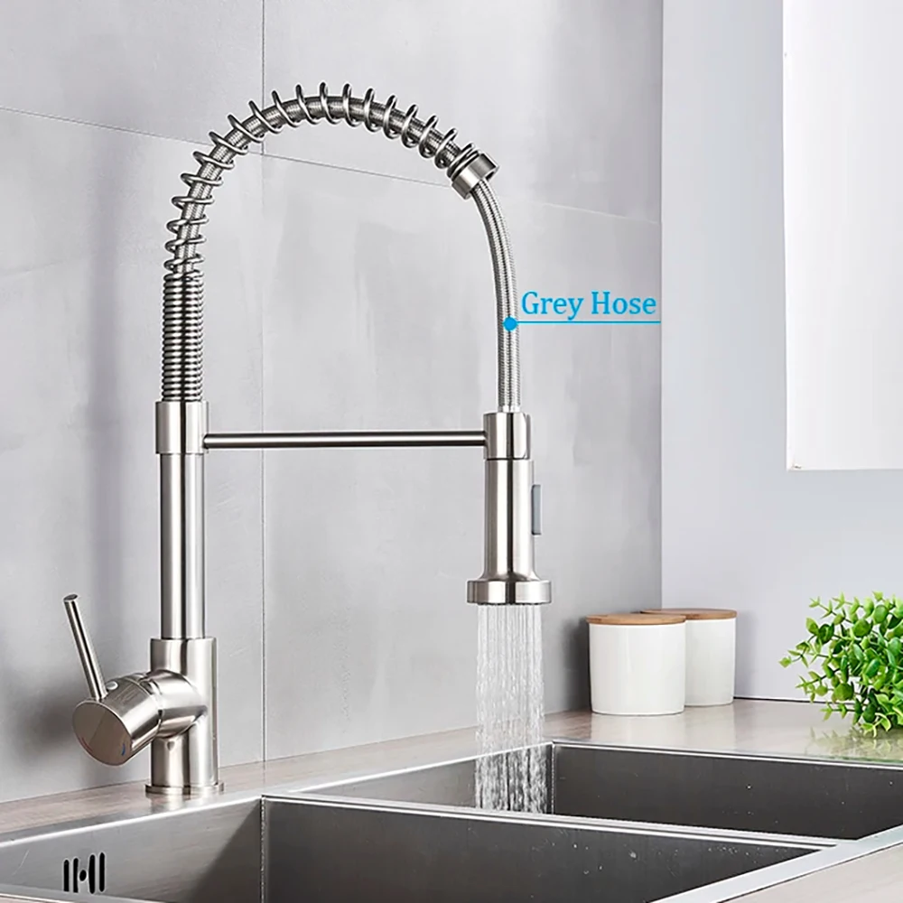 Kitchen Appliances White - ก๊อกน้ำห้องครัวแบบติดตั้งบนเคาน์เตอร์ สปริงนิเกิลขัดเงา หัวฉีดแบบหมุนได้ 360 องศา พร้อมหัวฉีดสเปรย์